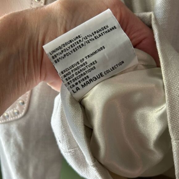 New LaMarque Tan Leather Linen moto biker studded zips Jacket small - Picture 10 of 13